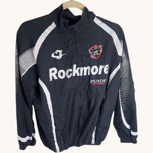 VTG Rockmore Mens Full Zip Windbreaker Jacket Black White Graphic Sporty Size M